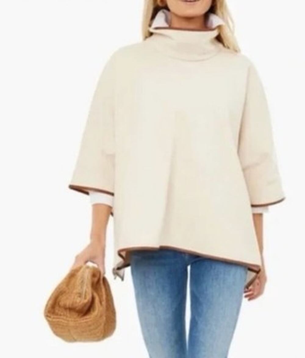 Tuckernuck Piper Poncho Ivory Cream Tan Leather Trim Funnel Neck Cape One Size